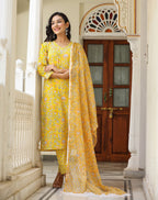 Kaajh Women's Sun Flower Yellow Handblock Cotton Kurta Set With Trouser And Dupatta - Distacart