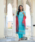 Kaajh Women's Sky Blue Printed Chanderi Kurta Pant Set With Dupatta - Distacart