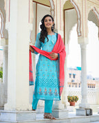 Kaajh Women's Sky Blue Printed Chanderi Kurta Pant Set With Dupatta - Distacart