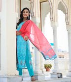 Kaajh Women's Sky Blue Printed Chanderi Kurta Pant Set With Dupatta - Distacart