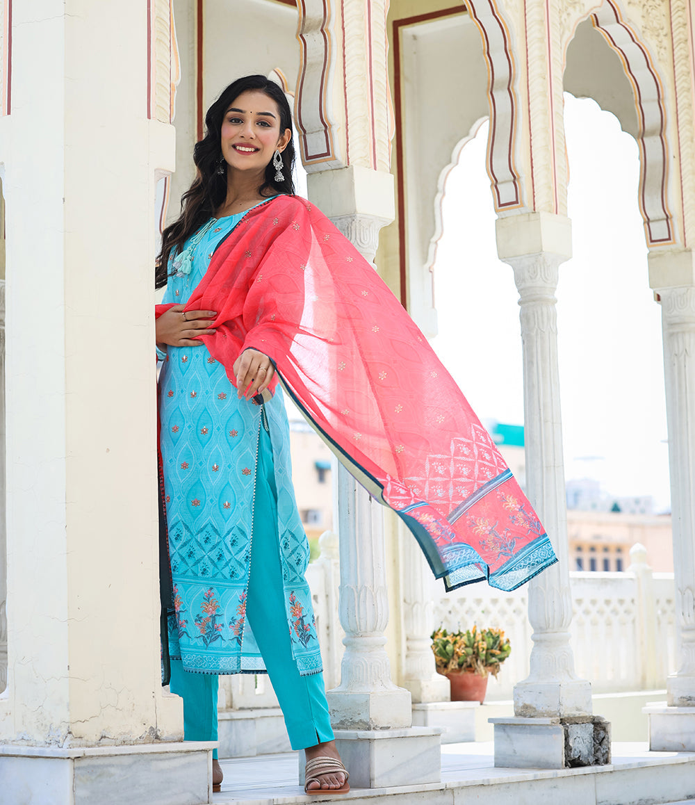 Kaajh Women's Sky Blue Printed Chanderi Kurta Pant Set With Dupatta - Distacart