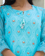 Kaajh Women's Sky Blue Printed Chanderi Kurta Pant Set With Dupatta - Distacart