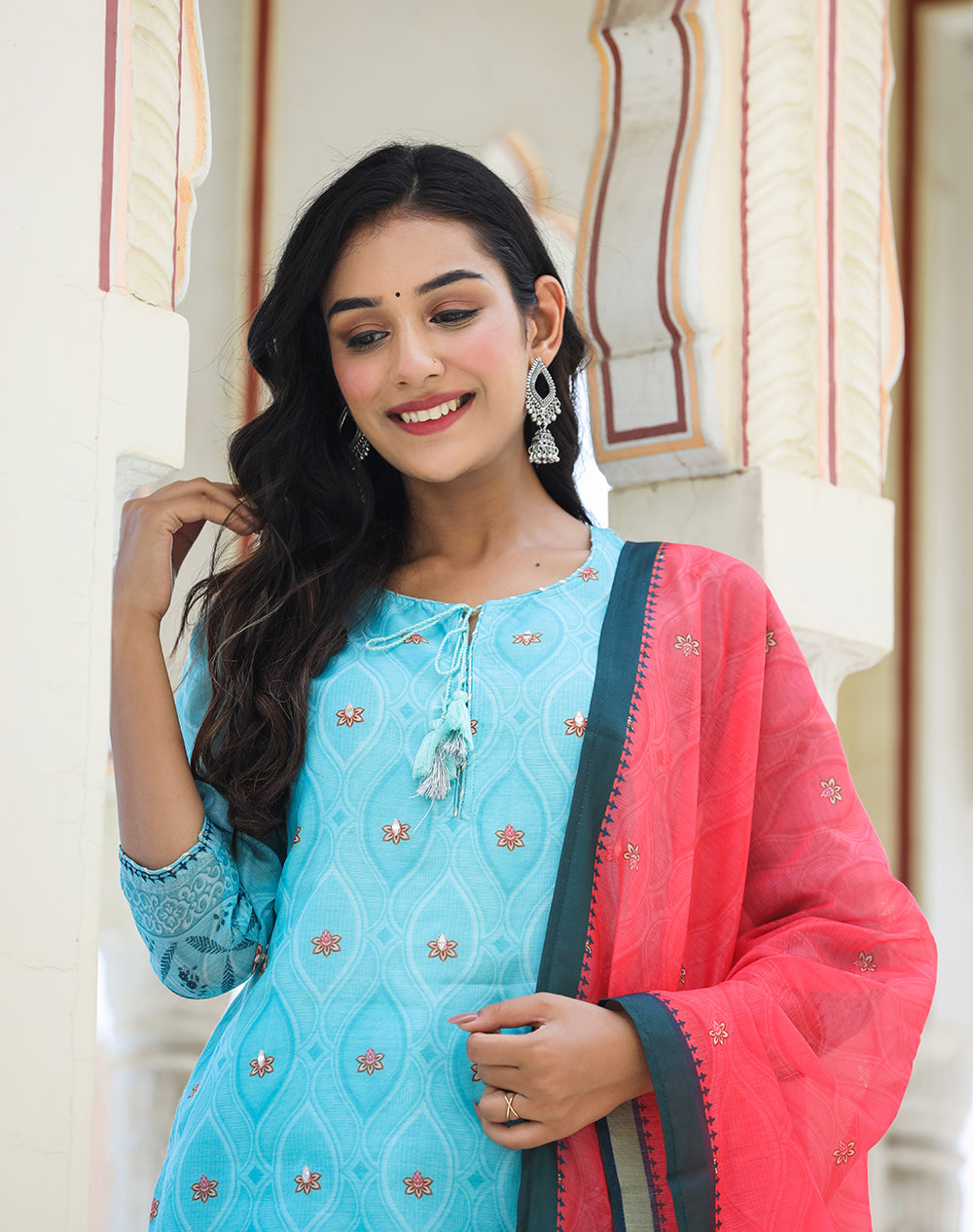 Kaajh Women's Sky Blue Printed Chanderi Kurta Pant Set With Dupatta - Distacart