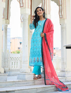 Kaajh Women's Sky Blue Printed Chanderi Kurta Pant Set With Dupatta - Distacart