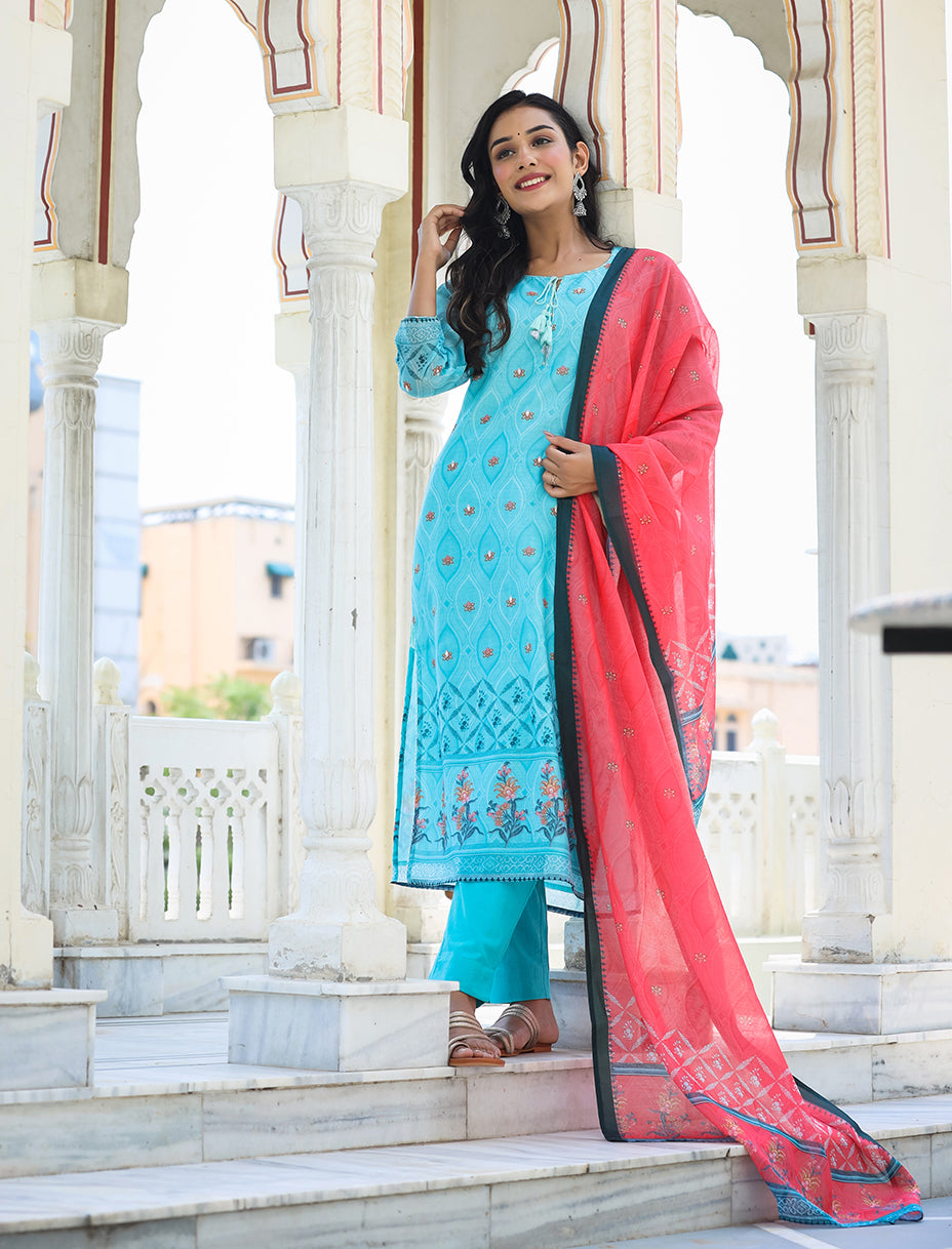 Kaajh Women's Sky Blue Printed Chanderi Kurta Pant Set With Dupatta - Distacart