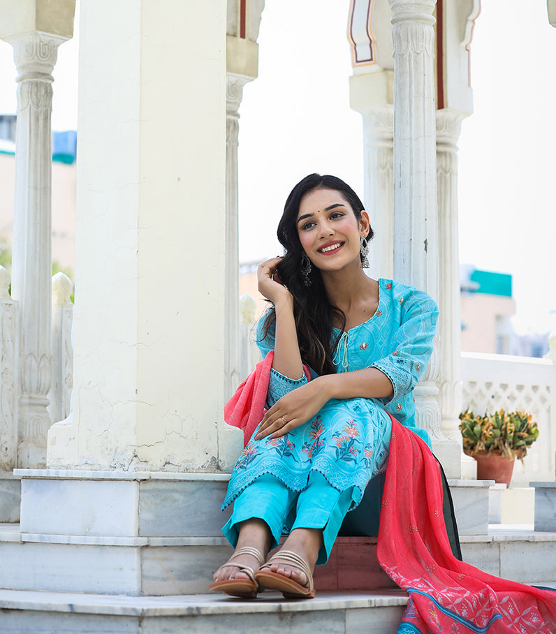 Kaajh Women's Sky Blue Printed Chanderi Kurta Pant Set With Dupatta - Distacart