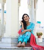 Kaajh Women's Sky Blue Printed Chanderi Kurta Pant Set With Dupatta - Distacart