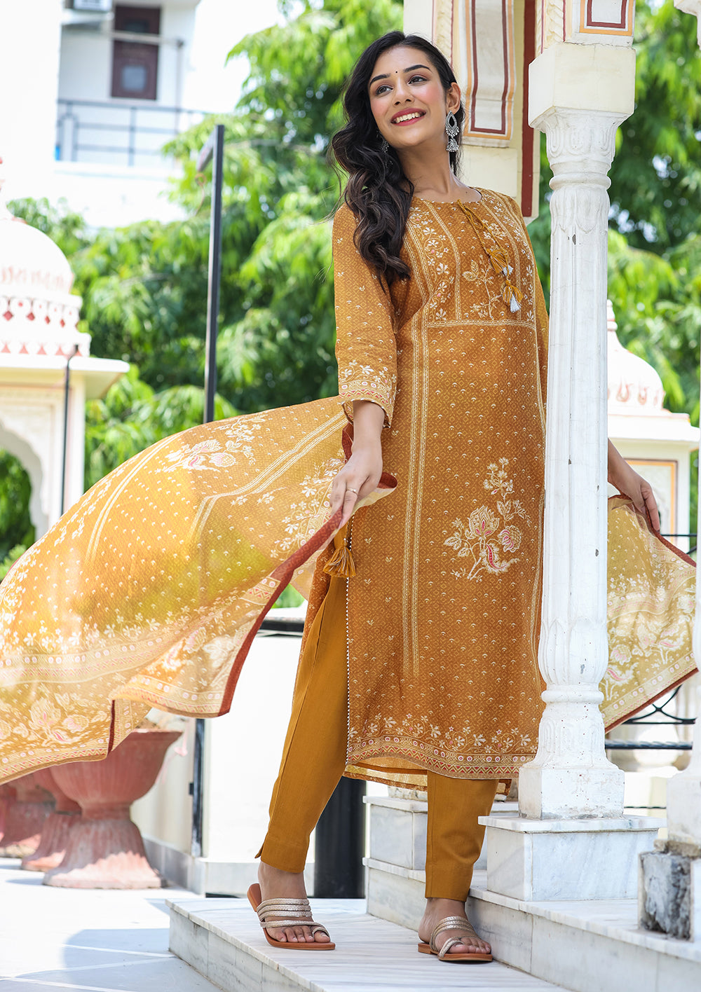 Kaajh Women's Mustard Festive Chanderi Print Kurta Set With Trouser And Dupatta - Distacart