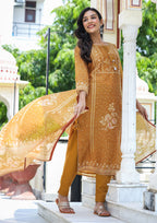 Kaajh Women's Mustard Festive Chanderi Print Kurta Set With Trouser And Dupatta - Distacart