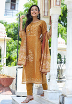 Kaajh Women's Mustard Festive Chanderi Print Kurta Set With Trouser And Dupatta - Distacart