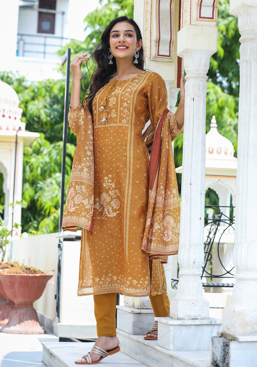 Kaajh Women's Mustard Festive Chanderi Print Kurta Set With Trouser And Dupatta - Distacart