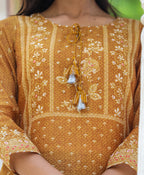 Kaajh Women's Mustard Festive Chanderi Print Kurta Set With Trouser And Dupatta - Distacart