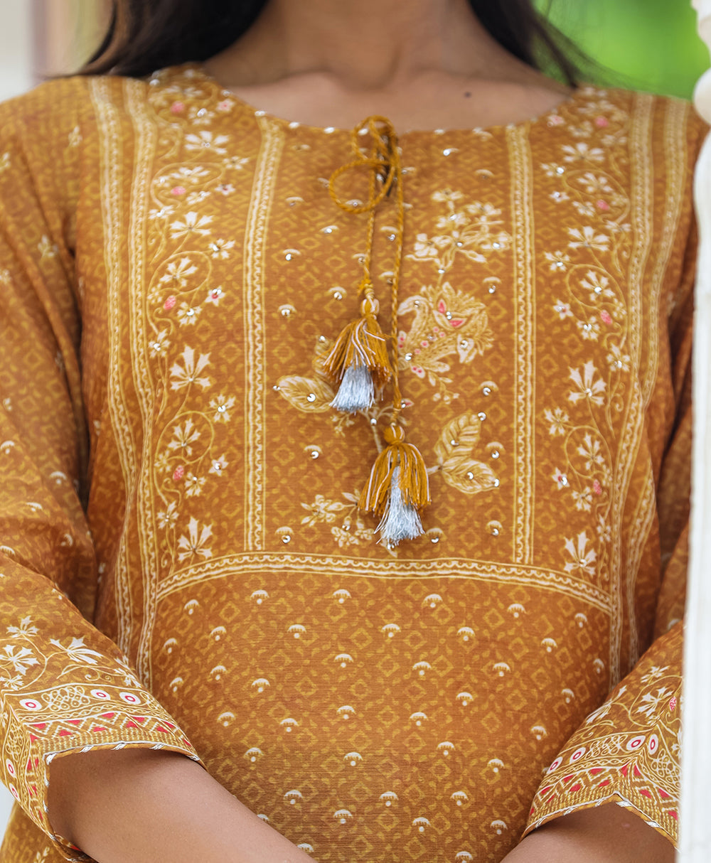 Kaajh Women's Mustard Festive Chanderi Print Kurta Set With Trouser And Dupatta - Distacart