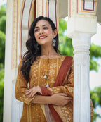 Kaajh Women's Mustard Festive Chanderi Print Kurta Set With Trouser And Dupatta - Distacart
