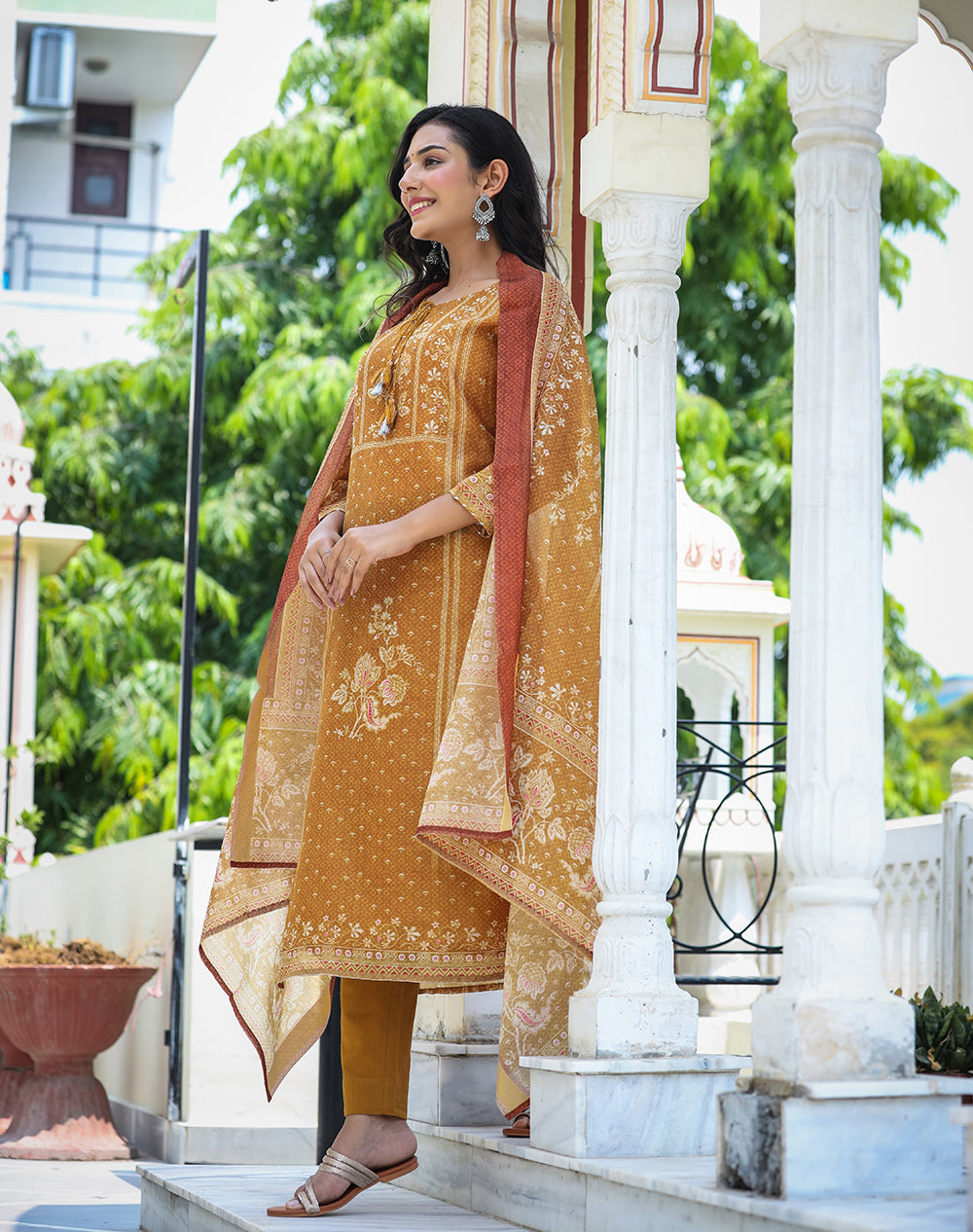 Kaajh Women's Mustard Festive Chanderi Print Kurta Set With Trouser And Dupatta - Distacart