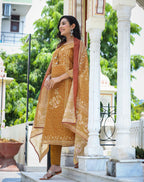 Kaajh Women's Mustard Festive Chanderi Print Kurta Set With Trouser And Dupatta - Distacart