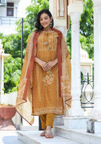 Kaajh Women's Mustard Festive Chanderi Print Kurta Set With Trouser And Dupatta - Distacart