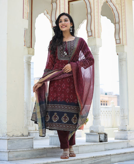 Kaajh Women's Maroon Festive Chanderi Kurta Set With Pant And Dupatta