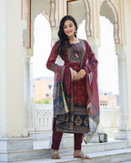 Kaajh Women's Maroon Festive Chanderi Kurta Set With Pant And Dupatta - Distacart