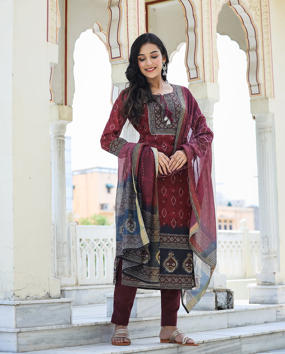 Kaajh Women's Maroon Festive Chanderi Kurta Set With Pant And Dupatta - Distacart
