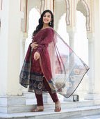 Kaajh Women's Maroon Festive Chanderi Kurta Set With Pant And Dupatta - Distacart