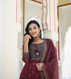 Kaajh Women's Maroon Festive Chanderi Kurta Set With Pant And Dupatta - Distacart
