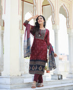 Kaajh Women's Maroon Festive Chanderi Kurta Set With Pant And Dupatta - Distacart