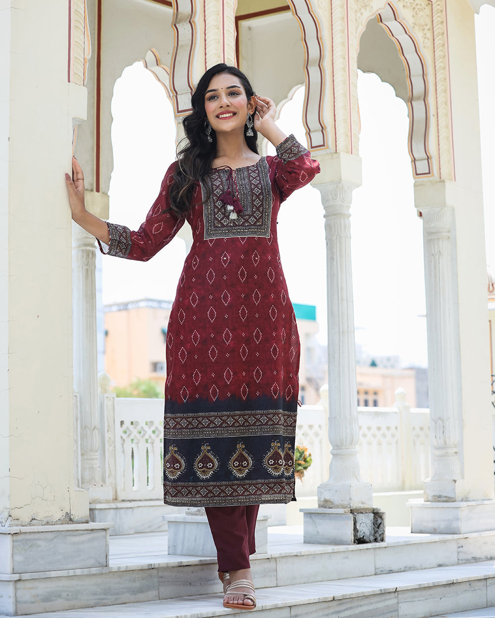 Kaajh Women's Maroon Festive Chanderi Kurta Set With Pant And Dupatta - Distacart