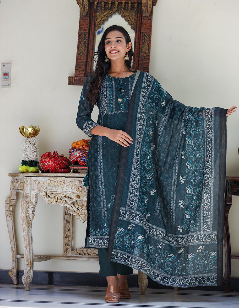 Kaajh Women's Royal Blue Chanderi Kurta Set With Pant And Dupatta - Distacart