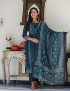 Kaajh Women's Royal Blue Chanderi Kurta Set With Pant And Dupatta - Distacart