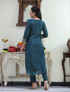 Kaajh Women's Royal Blue Chanderi Kurta Set With Pant And Dupatta - Distacart