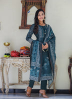 Kaajh Women's Royal Blue Chanderi Kurta Set With Pant And Dupatta - Distacart