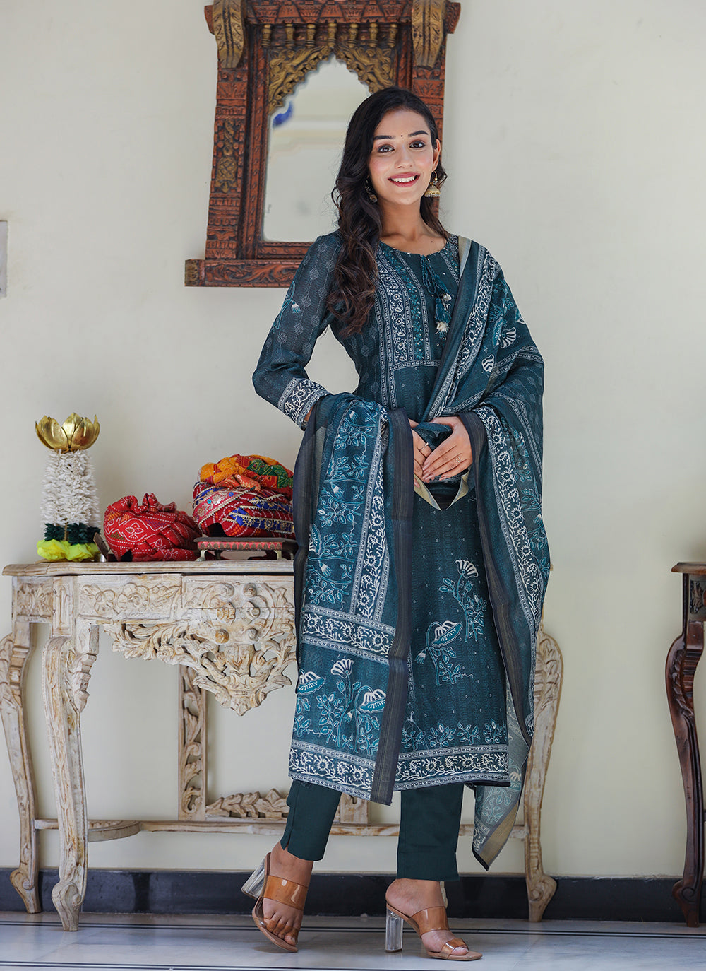 Kaajh Women's Royal Blue Chanderi Kurta Set With Pant And Dupatta - Distacart
