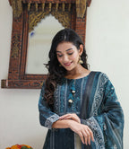 Kaajh Women's Royal Blue Chanderi Kurta Set With Pant And Dupatta - Distacart