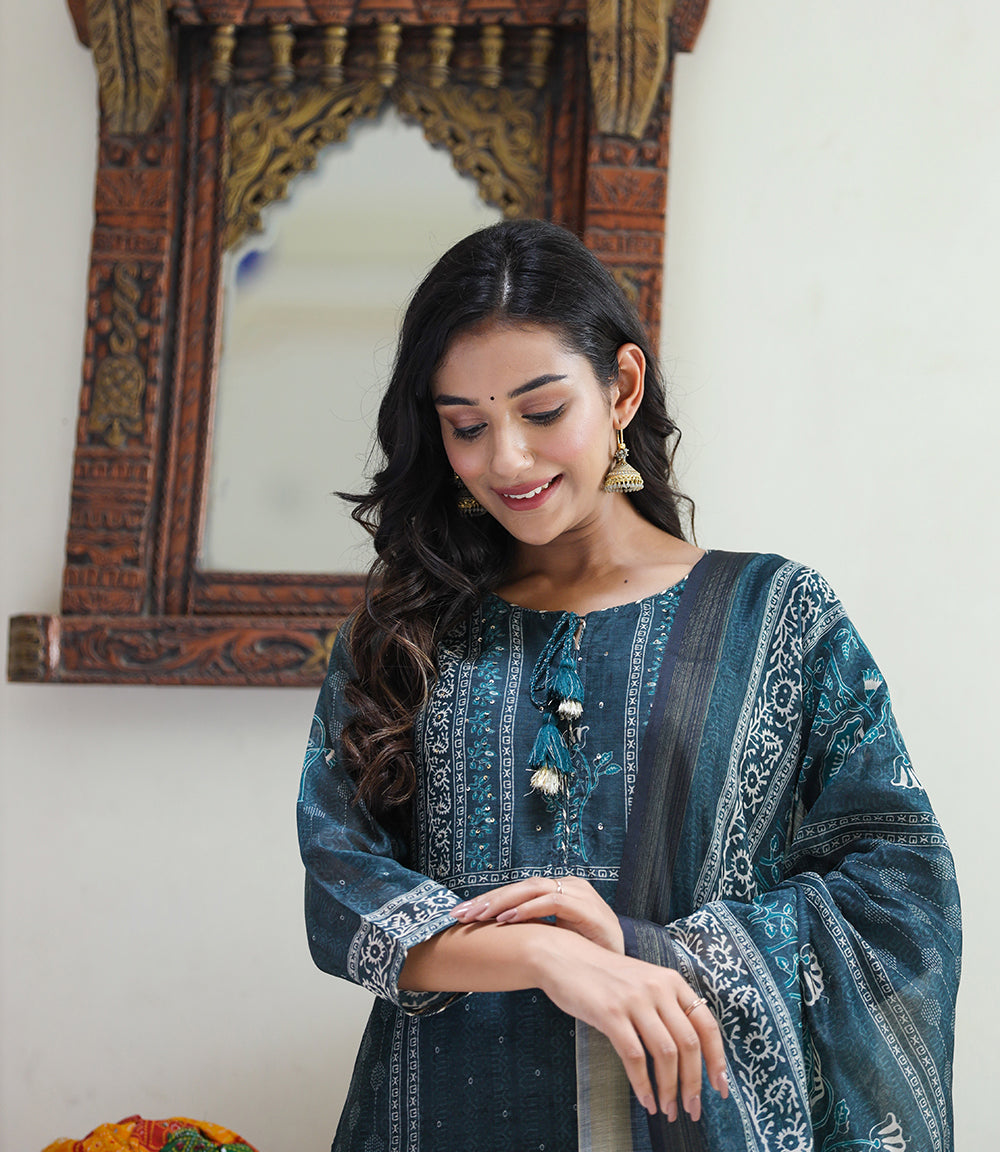 Kaajh Women's Royal Blue Chanderi Kurta Set With Pant And Dupatta - Distacart