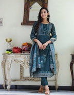 Kaajh Women's Royal Blue Chanderi Kurta Set With Pant And Dupatta - Distacart