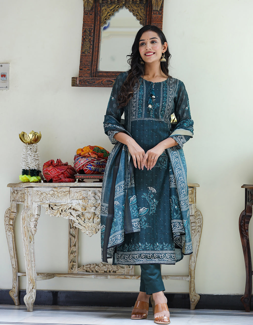 Kaajh Women's Royal Blue Chanderi Kurta Set With Pant And Dupatta - Distacart