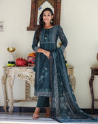 Kaajh Women's Royal Blue Chanderi Kurta Set With Pant And Dupatta - Distacart