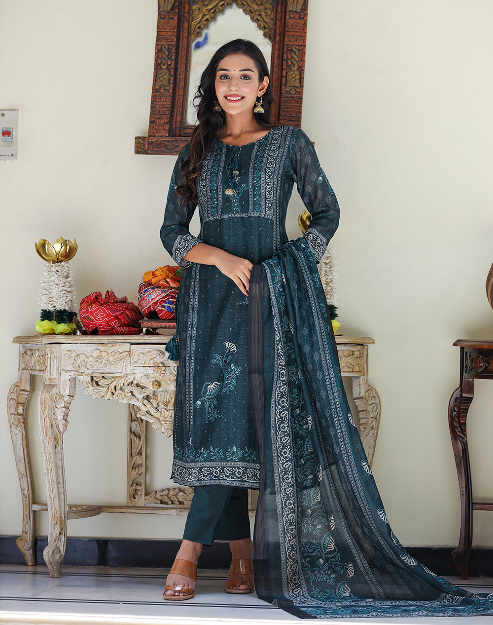 Kaajh Women's Royal Blue Chanderi Kurta Set With Pant And Dupatta - Distacart