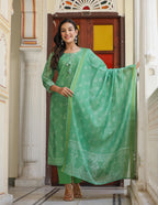 Kaajh Women's Green Printed Chanderi Kurta Set With Pant And Dupatta - Distacart