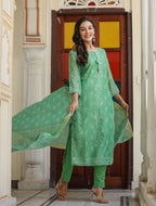 Kaajh Women's Green Printed Chanderi Kurta Set With Pant And Dupatta - Distacart