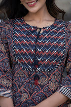 Kaajh Women's Navy Blue Printed Cotton Kurta Pant Set - Distacart