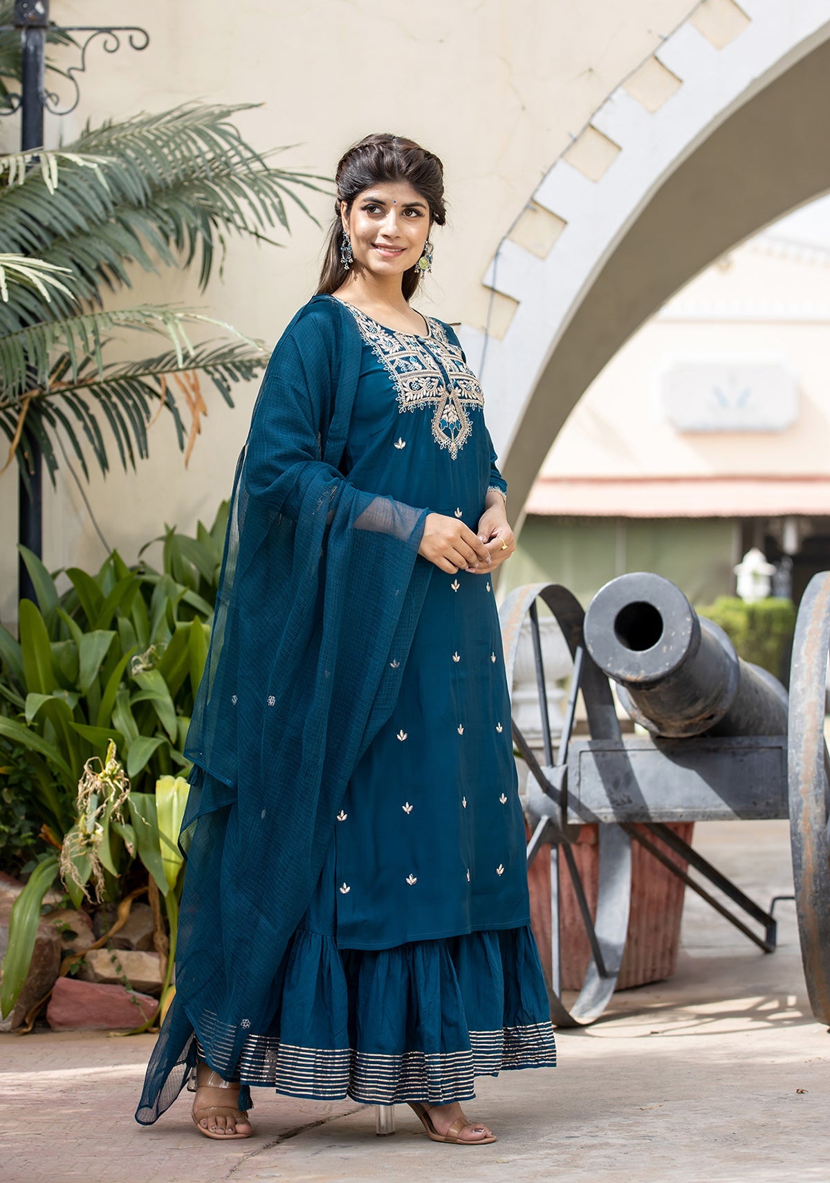 Kaajh Women's Blue Modal Silk Embroidered Kurta Sharara Set With Dupatta - Distacart
