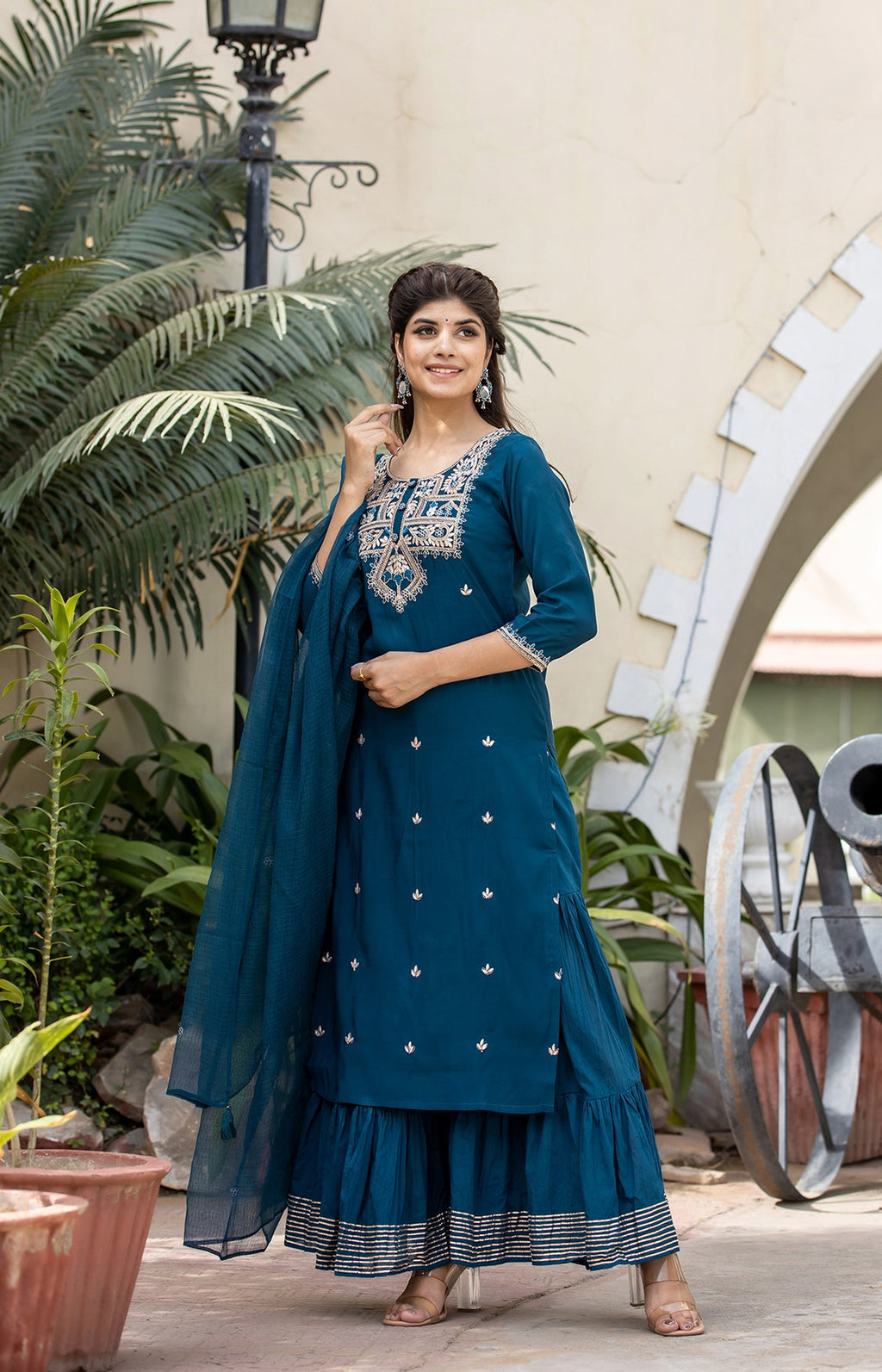 Kaajh Women's Blue Modal Silk Embroidered Kurta Sharara Set With Dupatta - Distacart