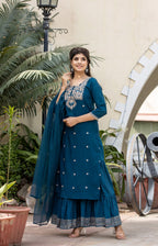 Kaajh Women's Blue Modal Silk Embroidered Kurta Sharara Set With Dupatta - Distacart