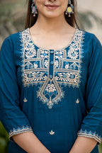 Kaajh Women's Blue Modal Silk Embroidered Kurta Sharara Set With Dupatta - Distacart
