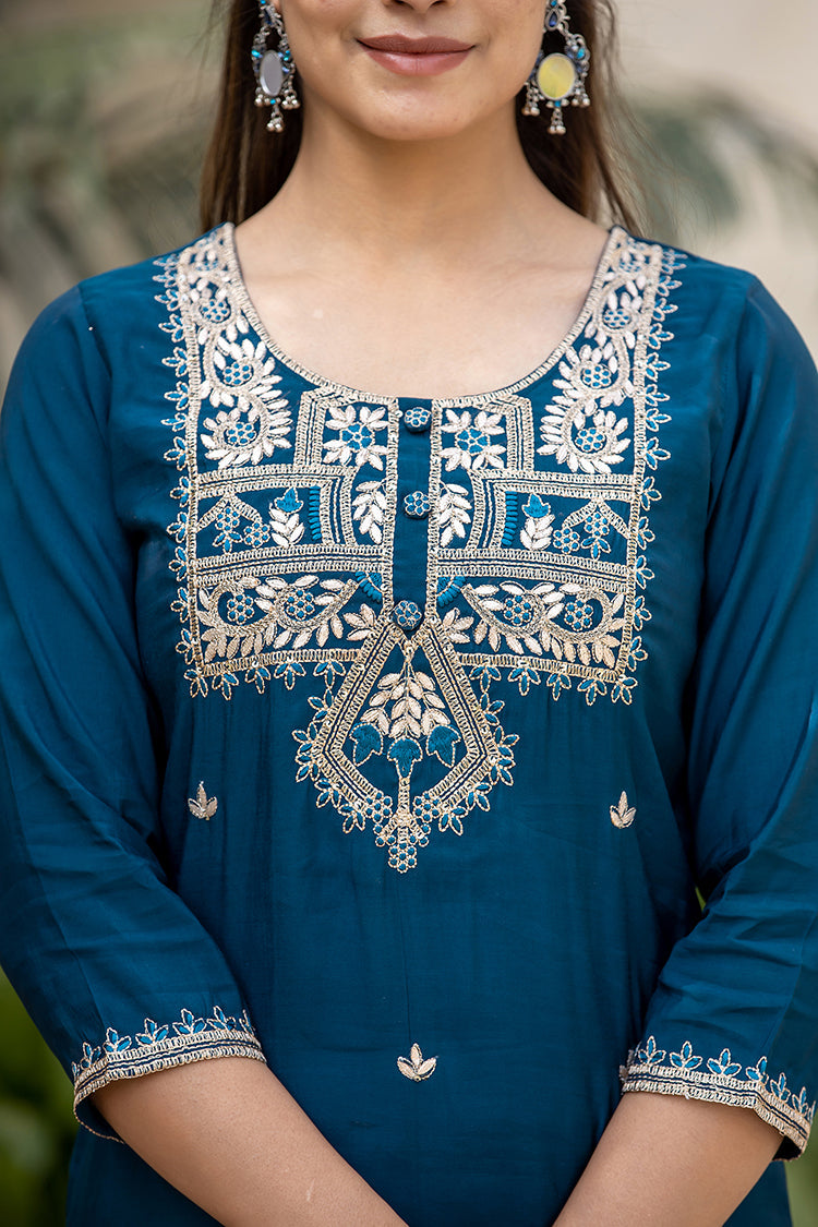 Kaajh Women's Blue Modal Silk Embroidered Kurta Sharara Set With Dupatta - Distacart