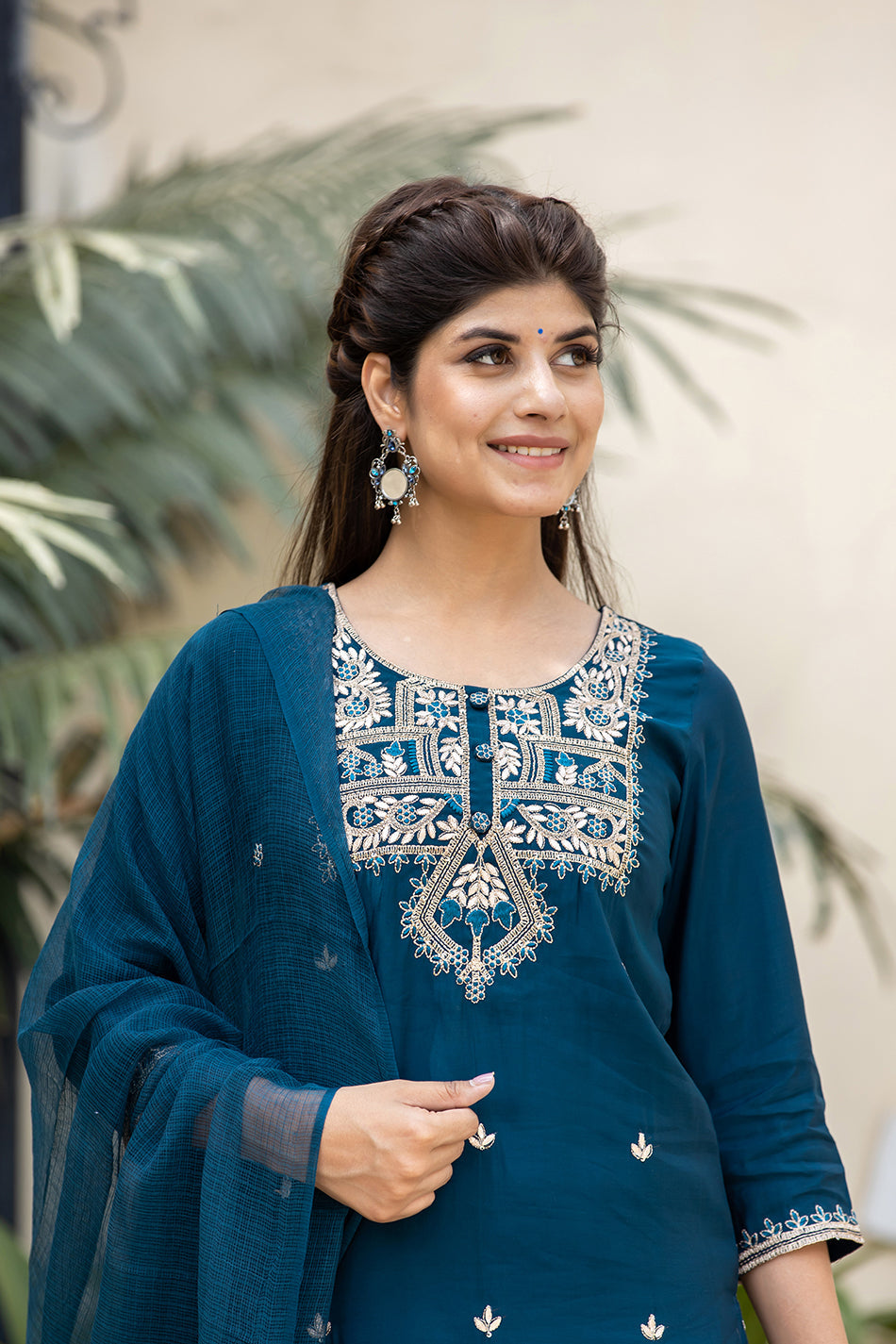 Kaajh Women's Blue Modal Silk Embroidered Kurta Sharara Set With Dupatta - Distacart