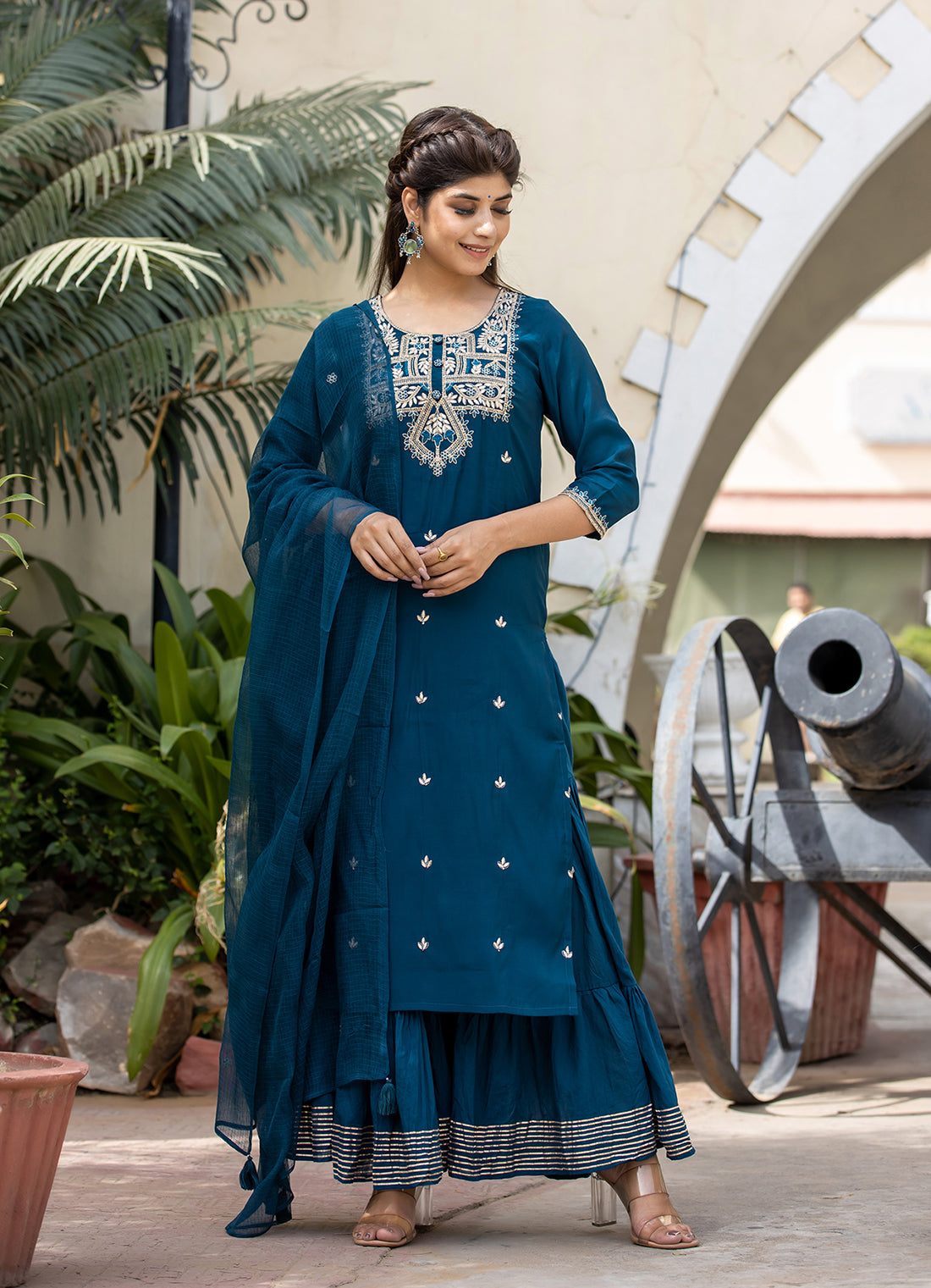 Kaajh Women's Blue Modal Silk Embroidered Kurta Sharara Set With Dupatta - Distacart