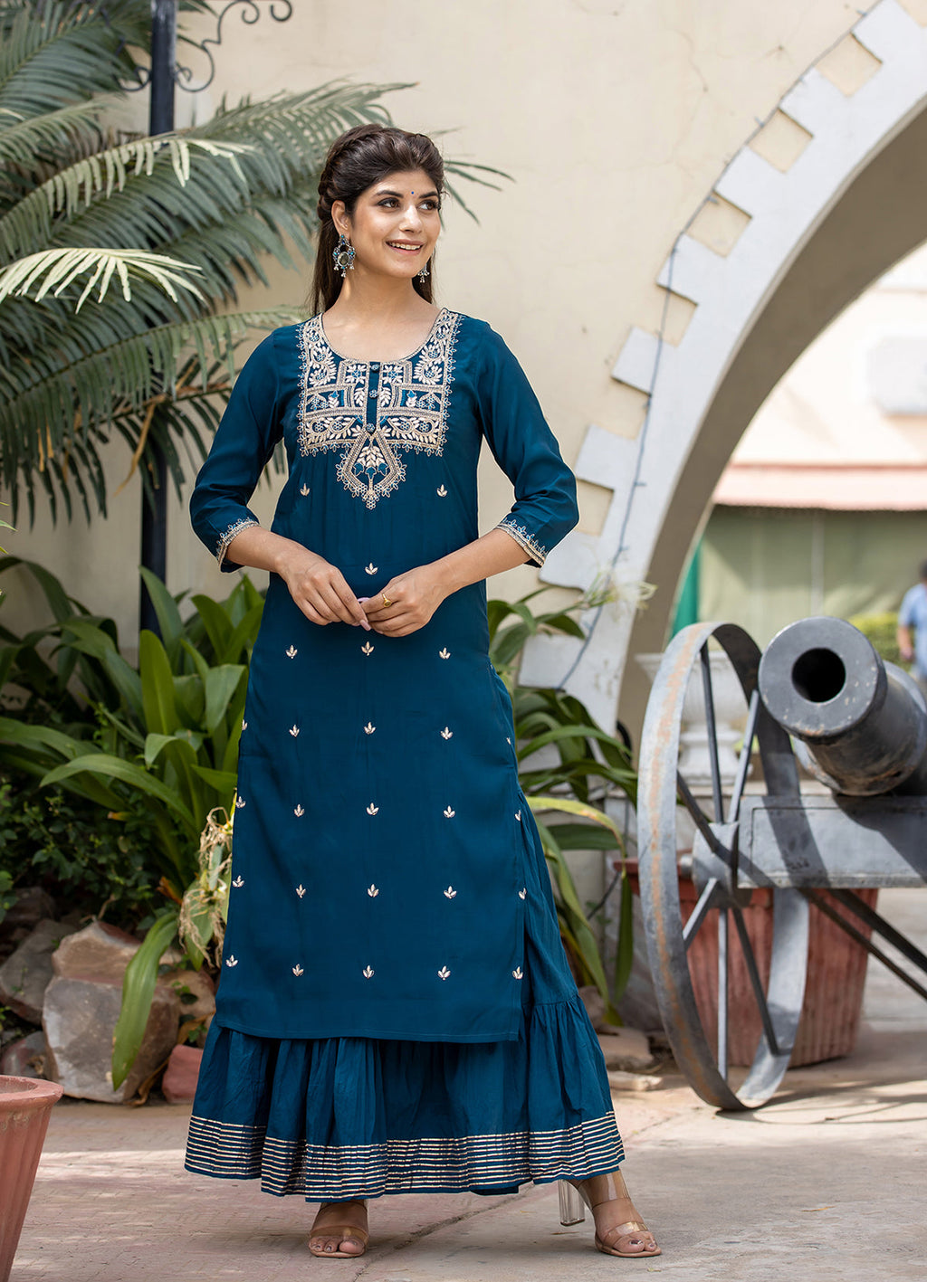 Kaajh Women's Blue Modal Silk Embroidered Kurta Sharara Set With Dupatta - Distacart